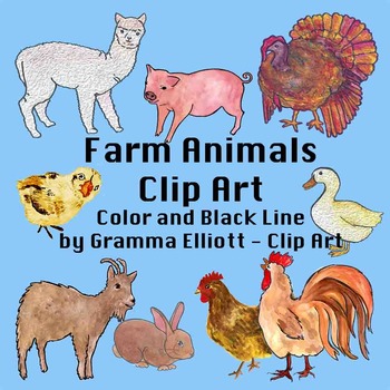 Preview of Farm Animals Clip Art Color and Black Line Realistic Clips