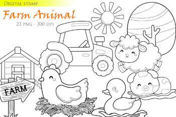 Preview of Farm Animals Cow Sheep Duck Chicken Horse Pig -Black White Outline-Digital Stamp