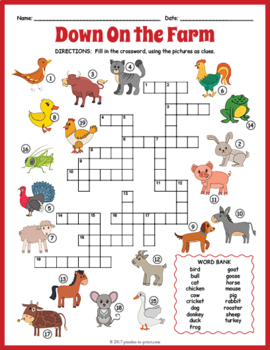 crossword animals puzzle farm worksheet activity puzzles print preview teacherspayteachers