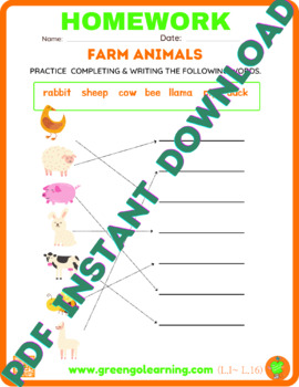 Preview of Farm Animals / ESL HOMEWORK / Level I / Lesson 16 - ( easy to check assesment)