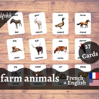 Preview of Farm Animals - FRENCH English Bilingual Flash Cards | Pet Animals | 27 Cards