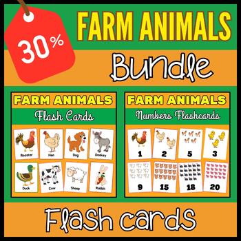 Preview of Farm Animals Flashcards Bundle - Vocabulary & Numbers 1-20 Flash Cards for Kids