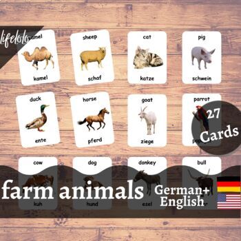 Farm Animals - GERMAN English Bilingual Flash Cards | Pet Animals | 27 Cards