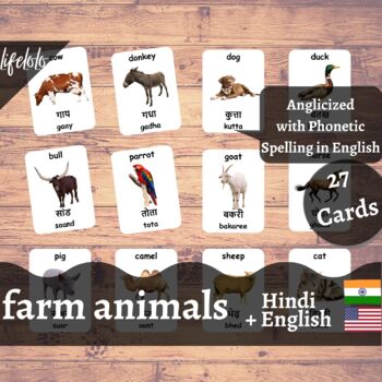 Preview of Farm Animals - HINDI English Bilingual Flash Cards | Pet Animals | 27 Cards