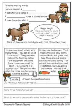 farm animals theme worksheets horse pack by treasures for thematic teaching