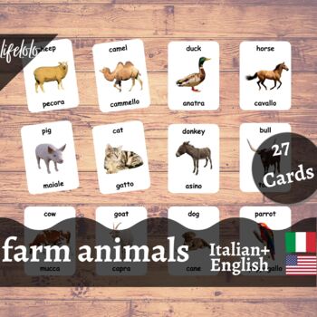 Preview of Farm Animals - ITALIAN English Bilingual Flash Cards | Pet Animals | 27 Cards