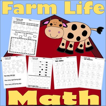 Preview of Farm Animals Math Worksheets NO PREP add subtract multiply divide count