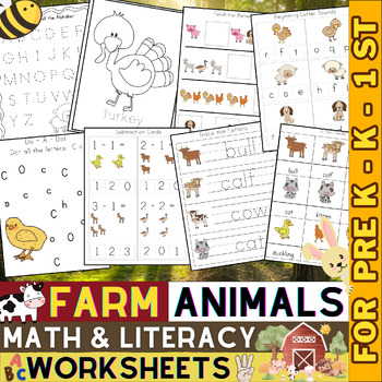 Preview of Farm Animals Math and Literacy Worksheets and Activities Pack | Spring | K - 1st