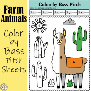 Preview of Farm Animals Music Coloring Sheets | Color by Bass Clef Note Names