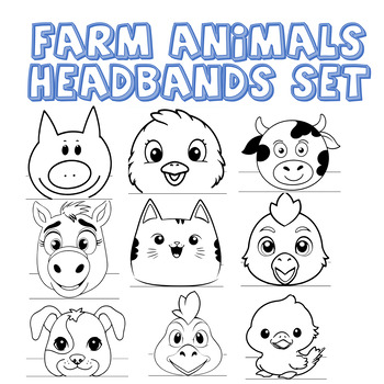 Preview of Farm Animals Headbands Crowns Set - Black & white - Coloring Craft Bundle - 4K