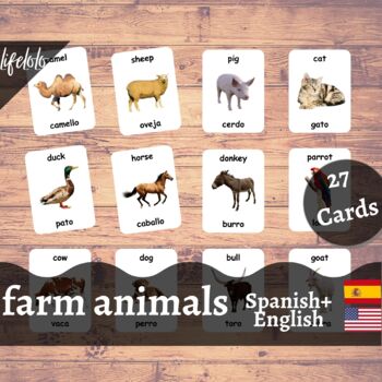 Preview of Farm Animals - SPANISH English Bilingual Flash Cards | Pet Animals | 27 Cards