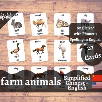 Preview of Farm Animals - Simplified CHINESE English Bilingual Flash Cards | 27 Pet Animals