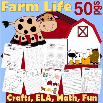 Preview of Farm Animals Theme NO PREP Worksheets Writing Craft Activities Math ELA Farmer