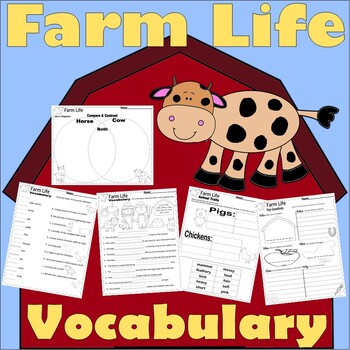 Preview of Farm Animals Theme Vocabulary Words Worksheets Definitions & FIB NO PREP