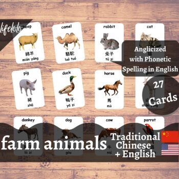 Preview of Farm Animals -Traditional CHINESE English Bilingual Flash Cards | 27 Pet Animals