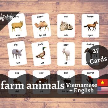 Preview of Farm Animals - VIETNAMESE English Bilingual Flash Cards | Pet Animals | 27 Cards