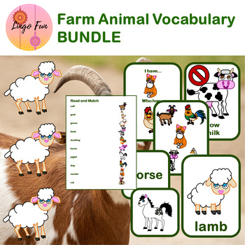 Preview of Farm Animals Vocabulary Bundle With Flash Cards Games and Worksheets