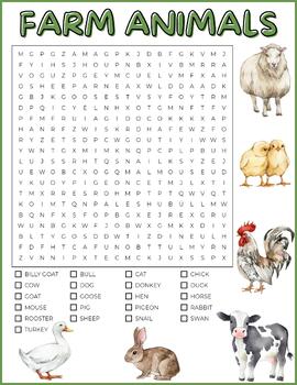 Farm Animals Word Search Puzzle Worksheet Activity - Great Sub Plan.