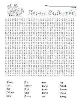 difficult farm animals word search and coloring page use in sub plan
