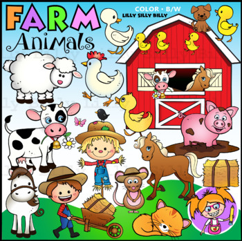 Preview of Farm Animals (with background scenery) - B/W & Color clipart illustration.