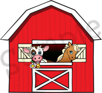 Farm Animals (with background scenery) - B/W & Color clipart illustration.