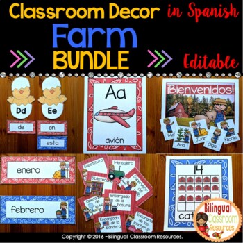 Preview of Classroom Decor in Spanish | Editable | BUNDLE | Farm Themed
