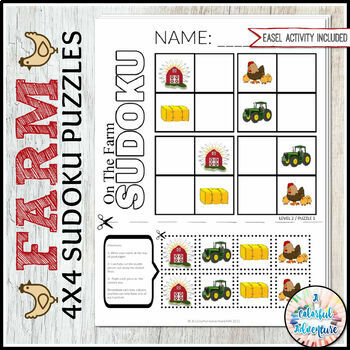 Preview of Farm Critical Thinking Activity | 4x4 Sudoku Logic Puzzles | Cut and Paste