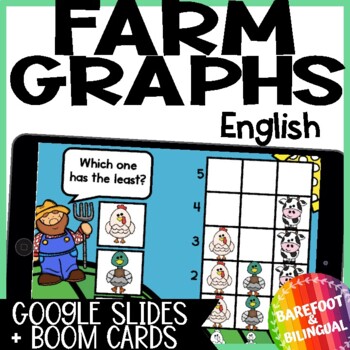 Preview of Farm Graphs Boom Cards ™ and Google Slides ™ ENGLISH Cows chickens Math Practice