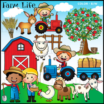 Preview of Farm Life (with background scenery) - B/W & Color clipart illustration.