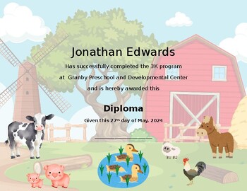 Preview of Farm Ranch Themed Preschool Diploma / Certificate 3k 4k 5k   Theme