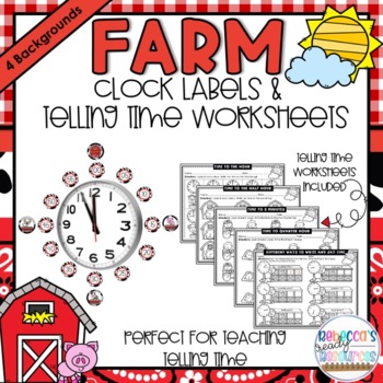 Preview of Farm Classroom Decor Clock Labels and Telling Time Worksheets