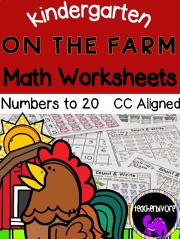 Preview of Farm Theme Math Worksheets for Kindergarten - Numbers to 20