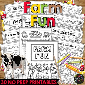 Preview of Farm Theme No Prep Fun Worksheets Crosswords Word Search Puzzles Math ELA