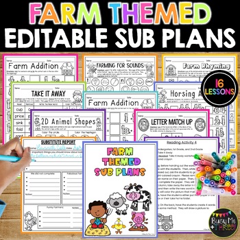 Preview of Farm Themed Math and ELAR Editable Sub Plans | NO PREP Activities