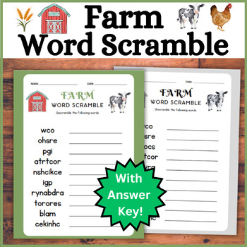 Preview of Farm Word Scramble Activity! Farm Animal Party Grade 1-6 ESL - Tractor, Cow, Pig
