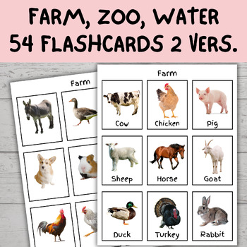 Preview of Farm, Zoo, Water Animals Vocabulary Flashcards | Speech Therapy | 2 Versions