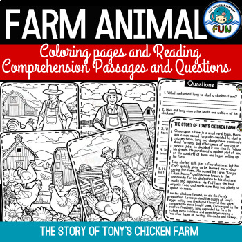 Preview of Farm Animal Coloring Pages, and Reading Comprehension Passages and Questions