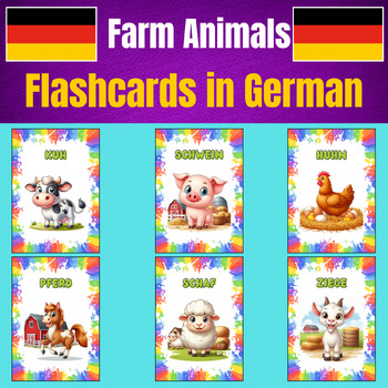 Preview of Farm animals: Printable Flashcards in German for Kids.