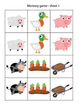 Farm set: worksheets counting, tracing and cutting (+ memory game)