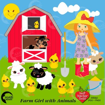 Preview of Farm Clipart, Farmer Girl Clip Art, Farm Animal Clipart, AMB-243