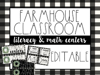 Preview of Farmhouse Black and White Gingham Literacy & Math Centers - EDITABLE