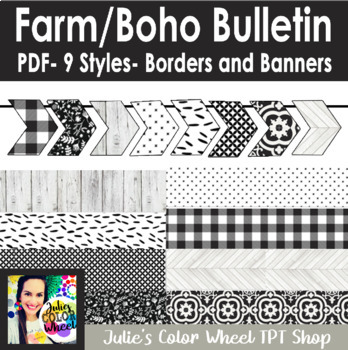 Preview of Farmhouse Boho Bulletin Board Borders And Banners Black and White PDF