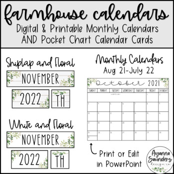 Preview of Farmhouse Calendar 2021-22 EDITABLE