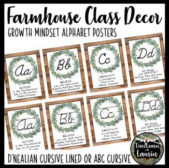 Preview of Farmhouse Classroom Decor Cursive Alphabet Posters (Growth Mindset Quotes)