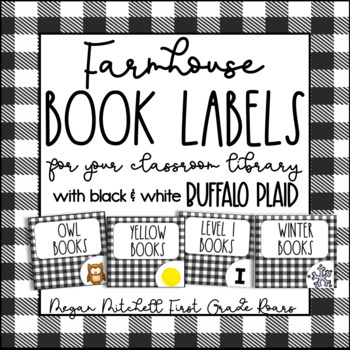 Preview of Farmhouse Classroom Decor Library Book Labels with Black & White Buffalo Plaid