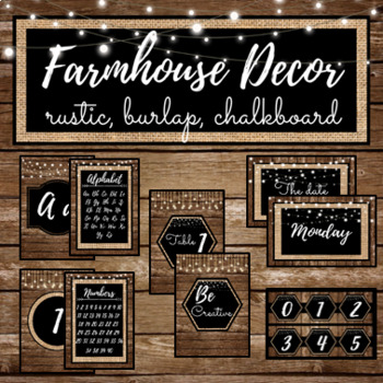 Preview of Farmhouse Editable Classroom Decor - Rustic wood, Burlap, Shirlap & chalkboard