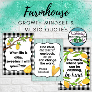 Preview of Farmhouse Classroom Growth Mindset and Music Quotes