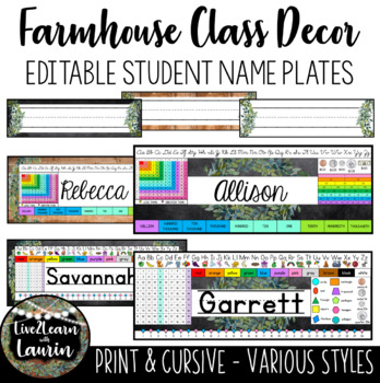 Preview of Farmhouse Classroom Decor - Editable Student Name Plates (Various Styles)