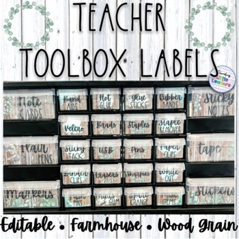 Preview of Farmhouse Teacher Toolbox Labels: Dark Wood: Editable