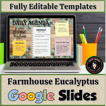 Preview of Farmhouse Eucalyptus Daily Agenda Morning Meeting Daily Agenda Slides Template